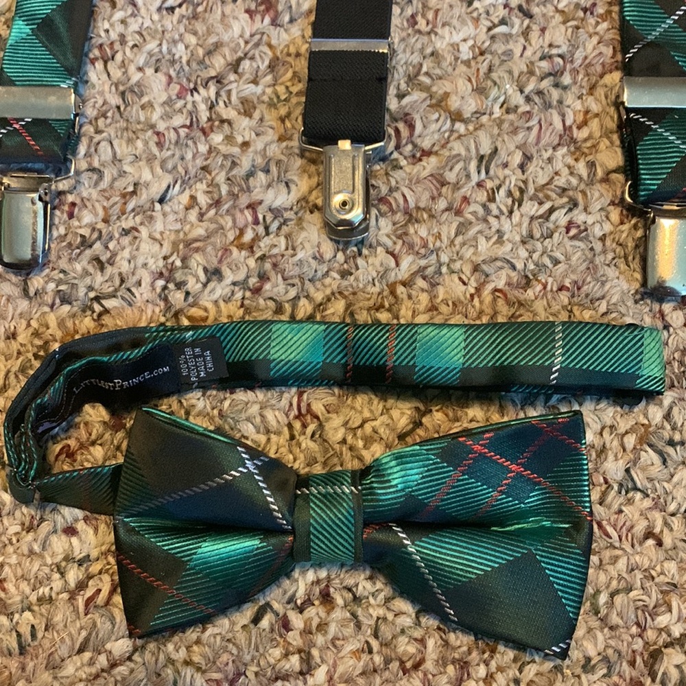 Bundle of youth boys suspenders & bow ties Green plaid Holiday winter - Picture 2 of 5